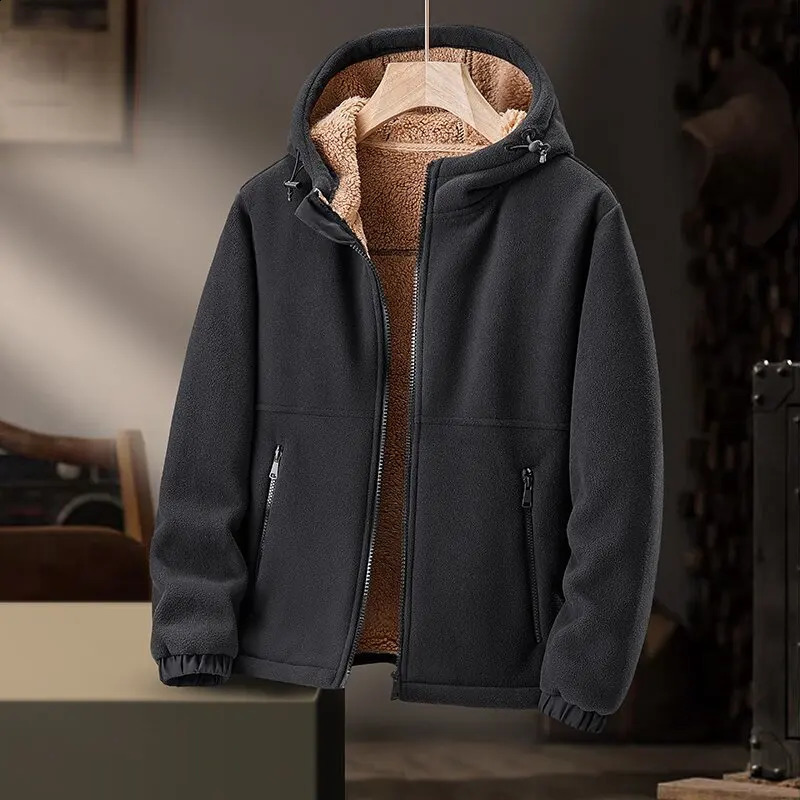 AutumnWinter Fashion Solid Color Plus Fleece Thick Warm Hooded Coat Mens Casual Loose Size Comfortable Jacket 241105