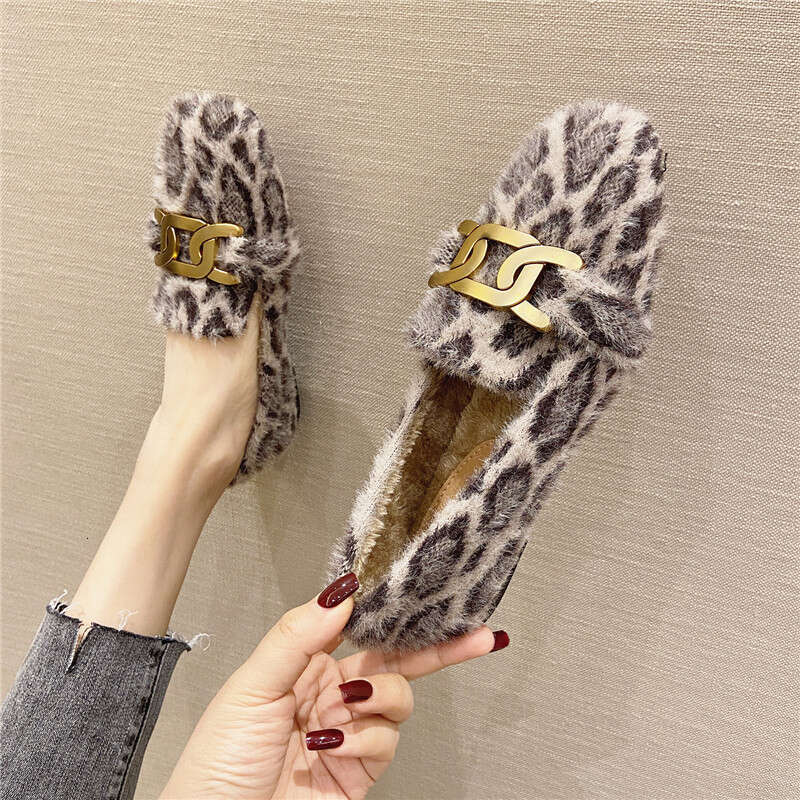 Hairy Women, 2023 Autumn Winter New Item, Wearing Warm And Velvet On One Foot, Bean Shoes, Leopard Print Mink Fur Cotton Shoes For Women