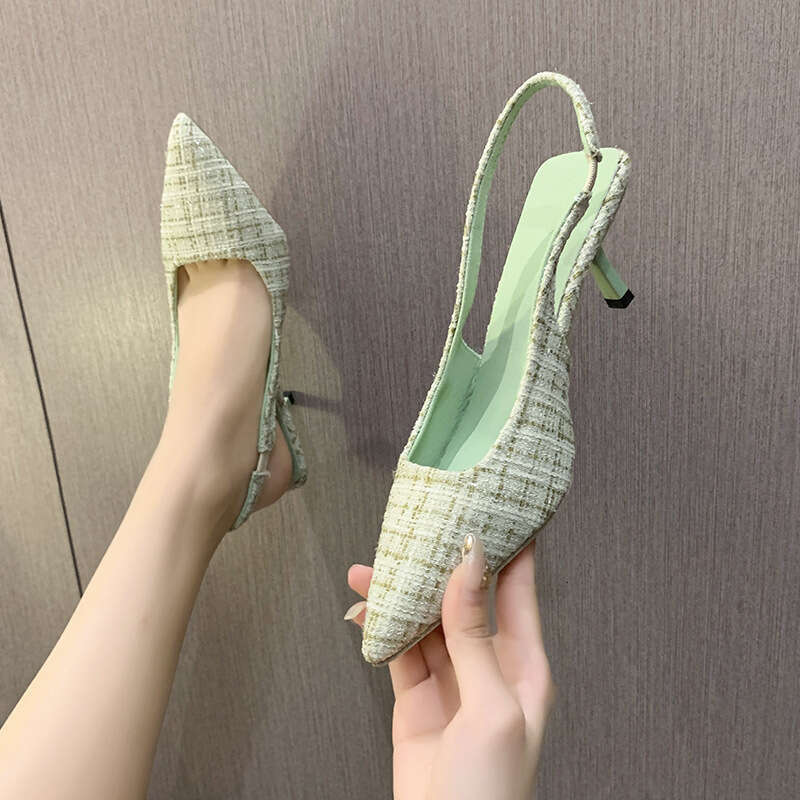 Sea Salt Blue Pointed High Heel Sandals for Women Back Hollow Half Headed Single Fashion Versatile Casual Shoes