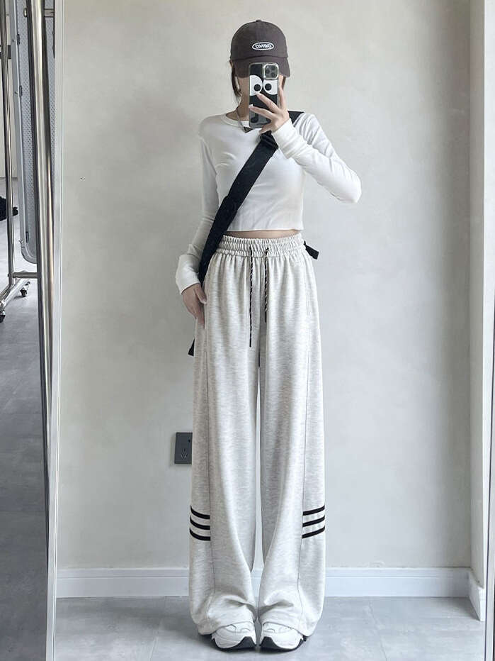 shanshi three stripes pants Side panel three bar casual for women spring autumn, new student Korean version sports straight leg pants in white, gray, 