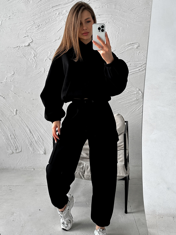 Autumn 2024 New Women's Casual Sports Hoodie Solid Color Long Sleeved Pocket Hoodies Lace Up Work Pants Lady's Two Piece Set