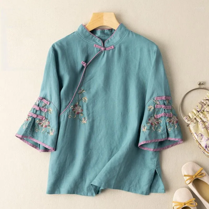 Ethnic Clothing Cheongsam Women's Plus Size Short Tops Summer Cotton Linen Embroidery Splicing Slim Fit Chinese Style Qipao Shirts