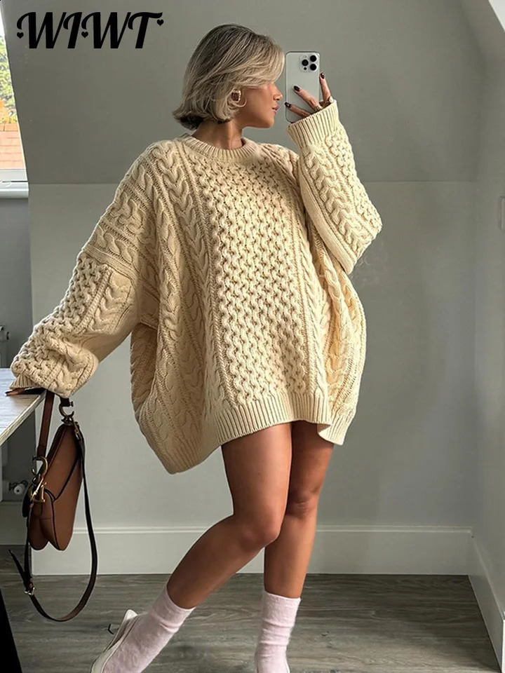 Oversized Knit Twist Pullovers Women Loose Lazy O-Neck Long Sleeve Solid Sweaters 2024 Autumn Female Casual Street Knitwear 241105