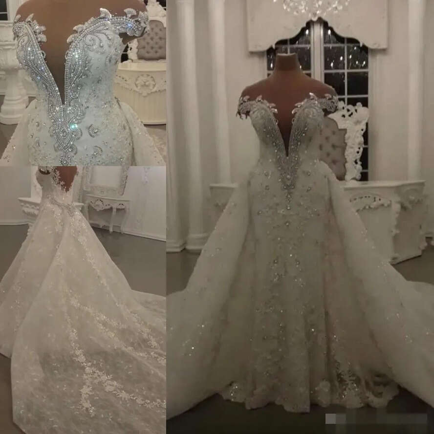 A E Mor Dresses Beading With Overskirt Pluning V Neck Sweep Train Lace Applique Custom Made Wedding Gown