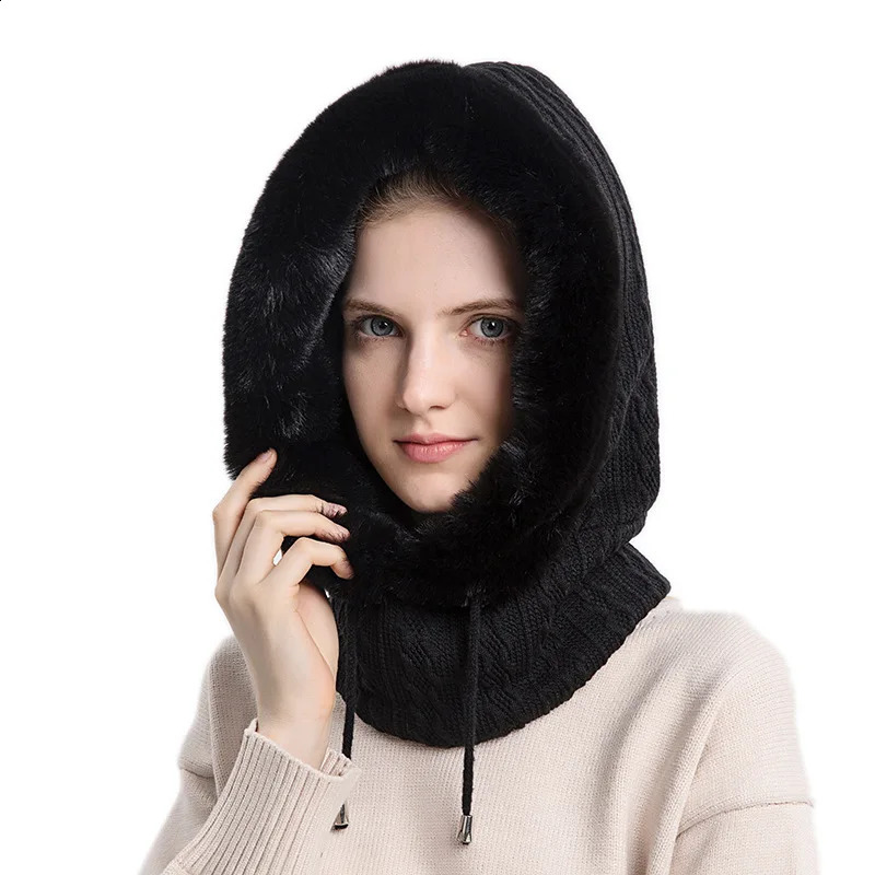 Women Beanie Hat Winter Balaclava Knitted Cap Hooded Face Mask Fluff Keep Warm Neck Scarf Bonnet 241105