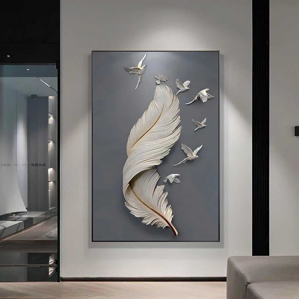 3D Effect Feather Pigeon Canvas Painting Modern Wall Art Poster Print Abstract Minimal Picture for Living Room Home Decor CuadroXJ241104