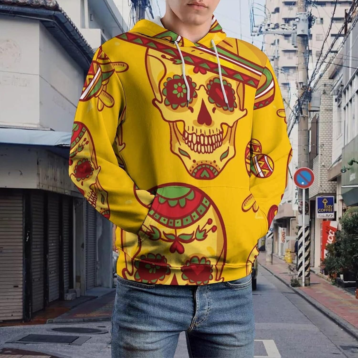 Hoodie for Mens Womens Skull And Sombrero Day Hoodies for Men 3D Print Pullover Hooded Drawstring Loose Sweatshirt with Big Pockets Graphic color