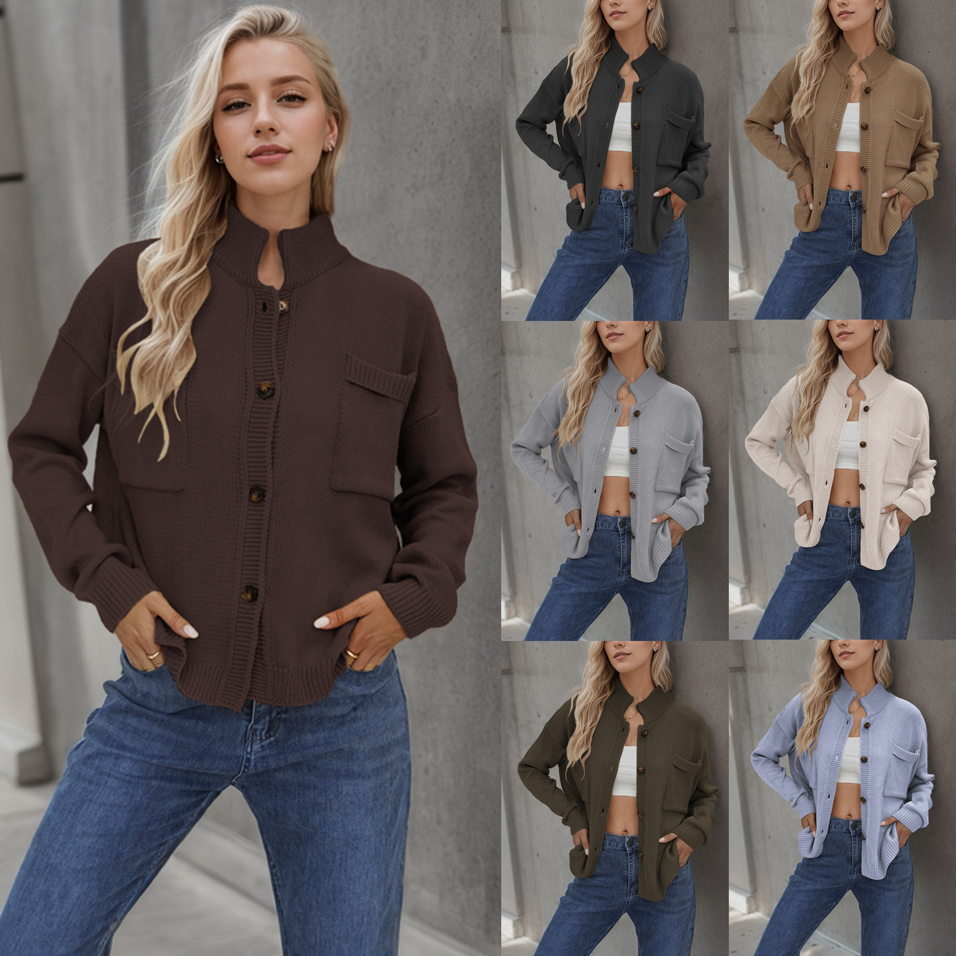 Knitted Jacket Stand Up Collar Large Sweater Solid Color Cardigan Women's New