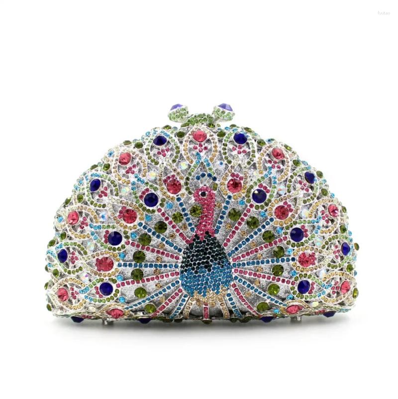 Evening Bags 24 Colors Luxury Peacock Shape Sky Blue Crystal Rhinestone Clutch Women Party Purse Fashion Silver Metal Handbags