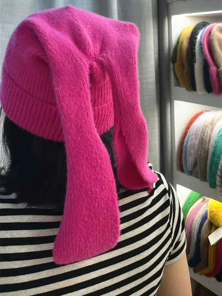 Winter Lovely Rabbit Long Ear Beanies for Girl Cute EarHats Women Solid Color Kawaii Skullies Student Hat Female 241105