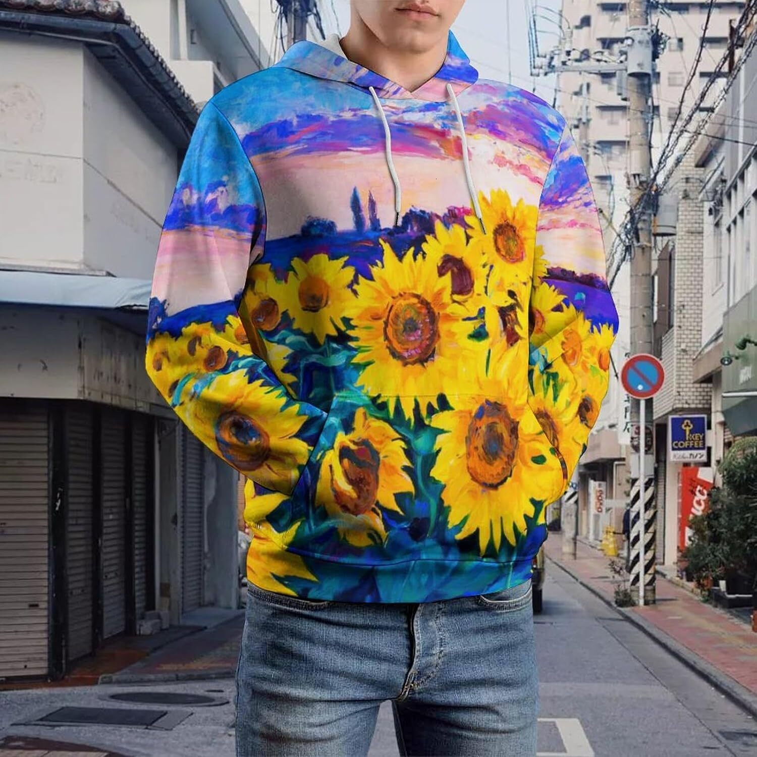 Hoodie for Mens Womens Original Oil Painting Sunflower Hoodies for Men 3D Print Pullover Hooded Drawstring Loose Sweatshirt with Big Pockets Graphic