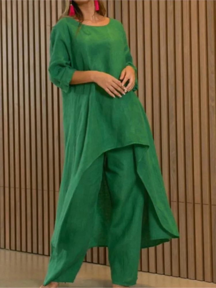 Womens Cotton Linen Long Pants Sets Fashion Solid Casual Irregular Tops Wide Leg Pant Suits Office Lady Two Piece Clothes 241105