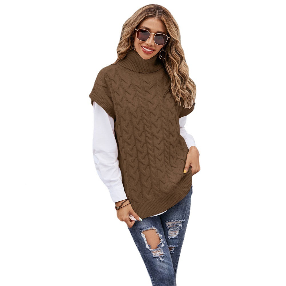 Autumn And Winter Fashionable Sleeveless Button Rope Vest Knitted Loose Pullover High Neck Sweater For Women