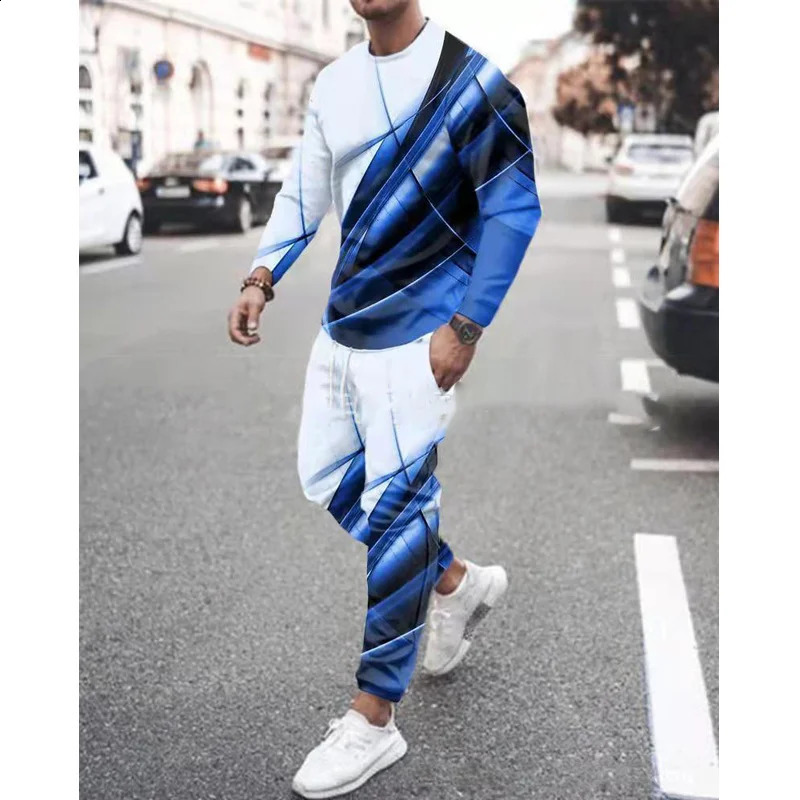Colorful Line Pattern 3D Printing Mens Long Sleeve T-shirt Long Pants Set Fashion Clothing Sweatshirt Two Piece Set 241105