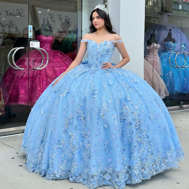 Sky Blue Shiny Quinceanera Dresses Lace Appliques Beads Tull Sweet 15 Prom Gown 2025 3D Flowers Ball Gowns Vestidos 15 De XV Anos