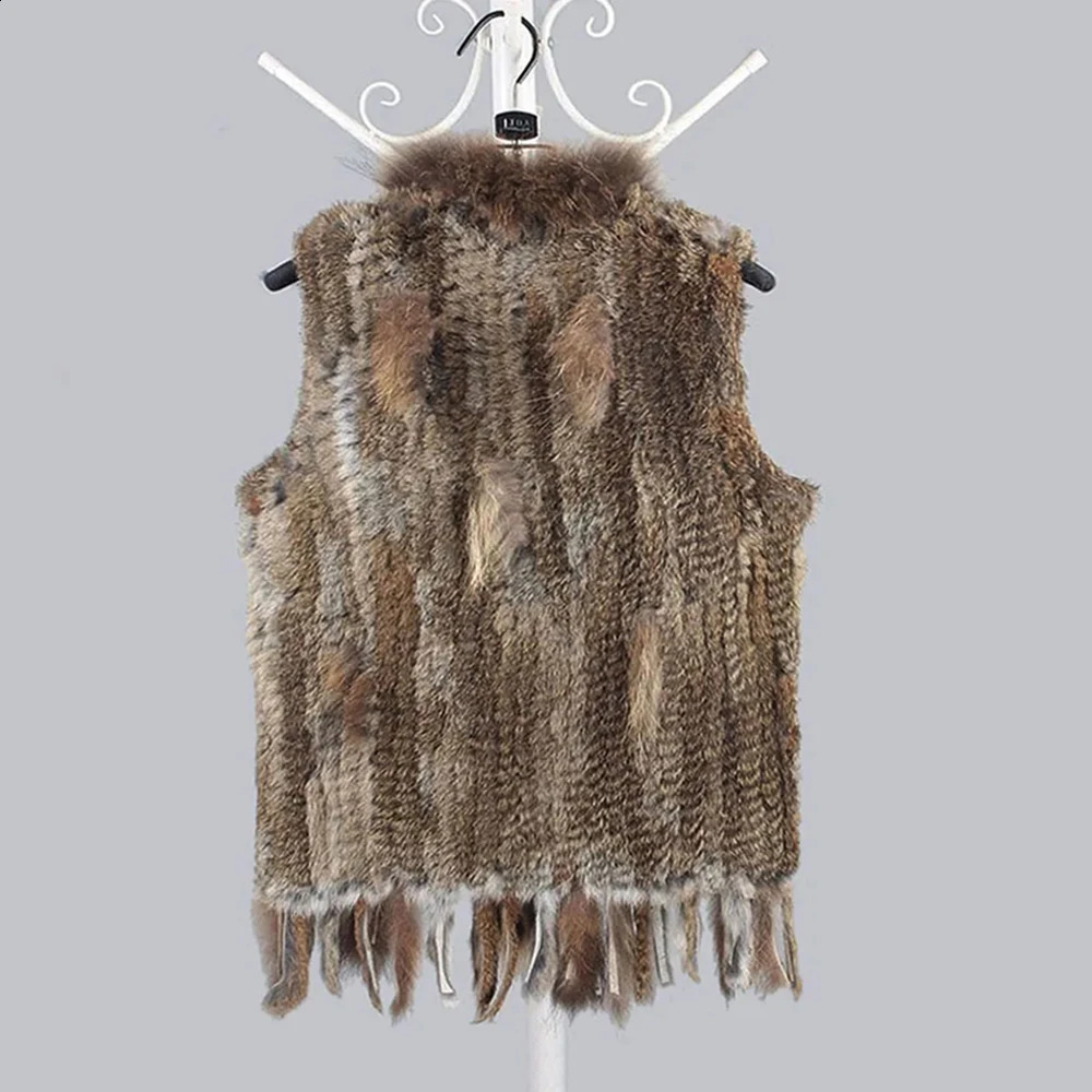 Women 100%Natural Real Rabbit Fur Vest Tassels Knitted Genuine Fur Waistcoat Lady Fashion Raccoon Fur Collar Outerwear 241105