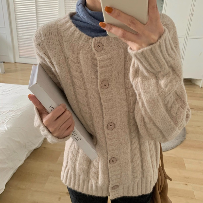 Soft Waxy Fried Dough Twists Solid Color Knitting Cardigan In Autumn Winter New Loose And Lazy Style Short Sweater Coat For Women F1105#35