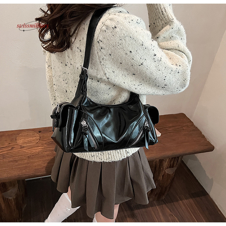 Soft faced dumpling women's trendy multi opening motorcycle bag, niche high-end texture, large capacity shoulder bag #33 swissmilitary