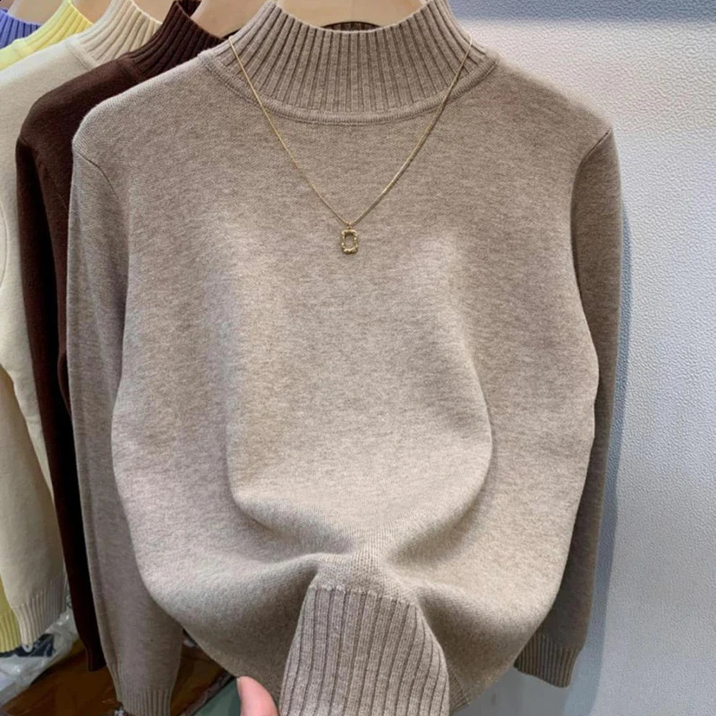 Turtleneck Solid Sweater Women Fashion Stretch Tops Knitted Pullovers Long Sleeve Bottoming Knitted Simple Chic Clothes 241105