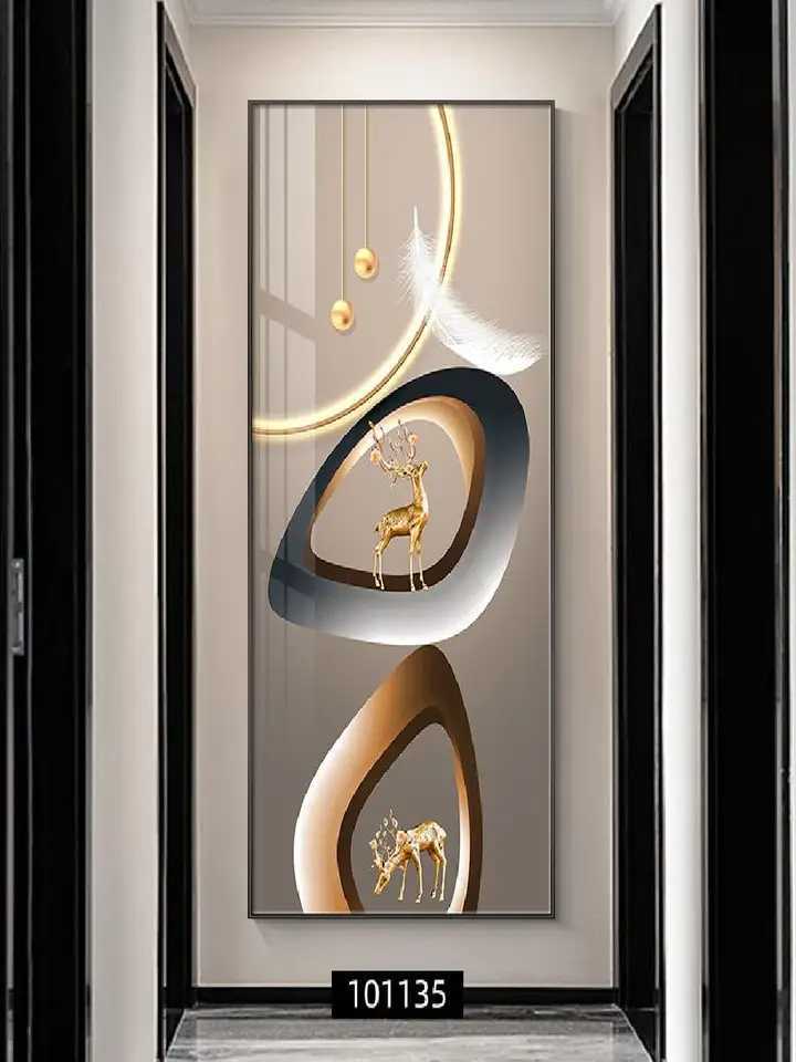 Golden Abstract Deer Feather Canvas Art Luxury Geometric Leaf Wall Decor for Living Room and PorchXJ241104