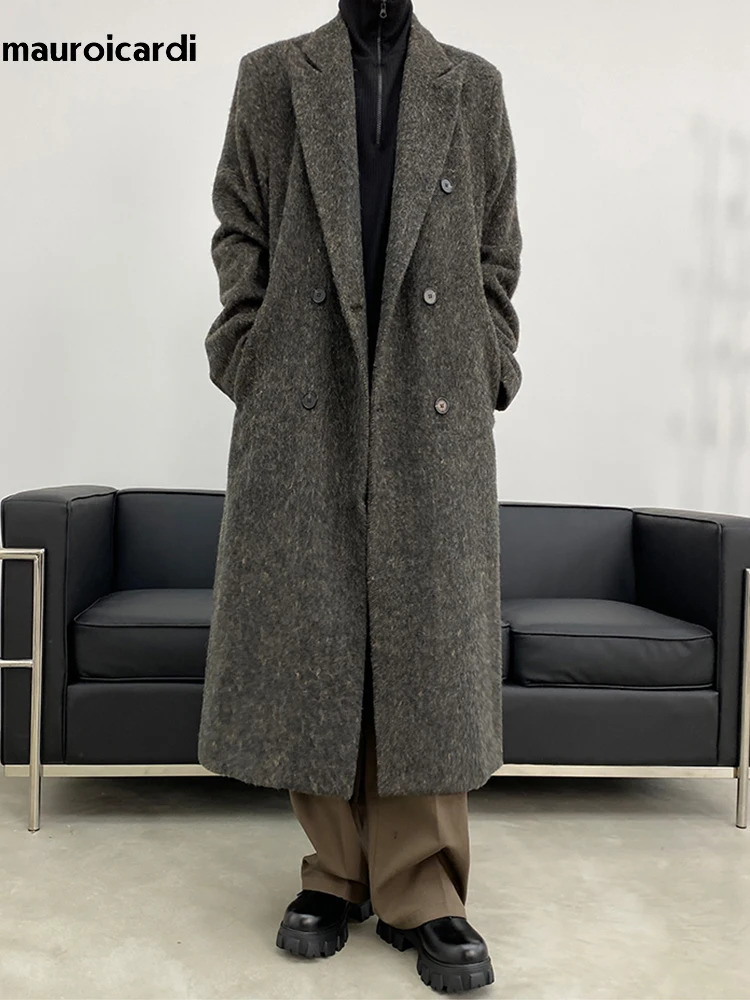 Mauroicardi Autumn Winter Long Loose Casual Warm Soft Woolen Trench Coat Men Double Breasted Wool Overcoat Korean Fashion 241104