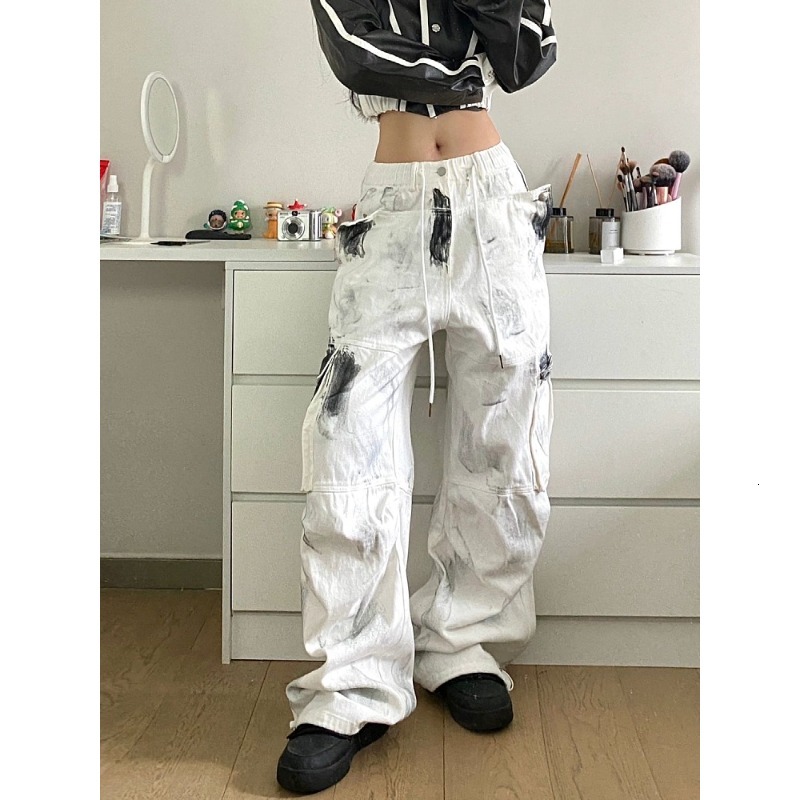 QWEEK Y2k Streetwear Cargo Jeans Women Oversized Vintage Wide Leg Pocket Denim Pants Korean Fashion Hiphop Baddie Trousers Kpop