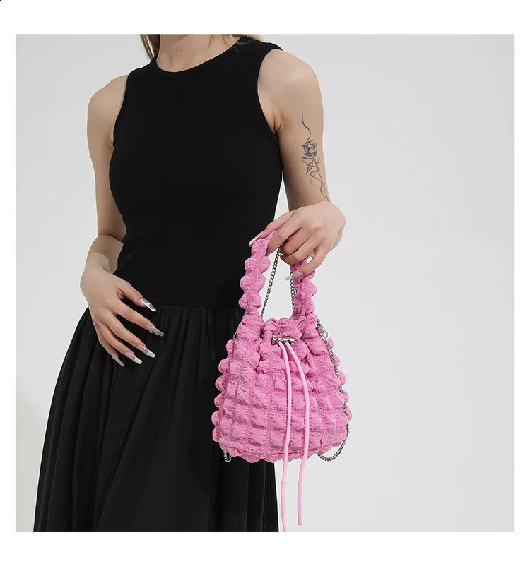 brushed nylon pleated womens handbag casual cross body bag small water bucket handbag 241105