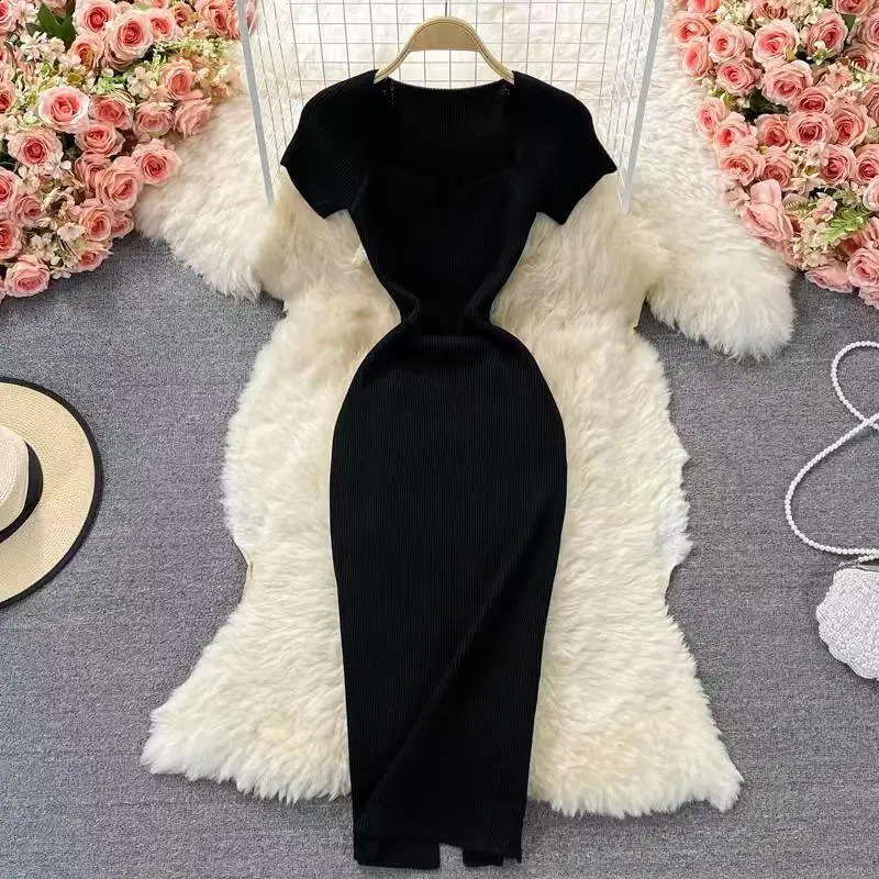 2024 Elegant Square Neck Short Sleeve Slim Fit Knitted Bodycon Dress Long Midi Y2K Vestidos De Fiesta 241105Z