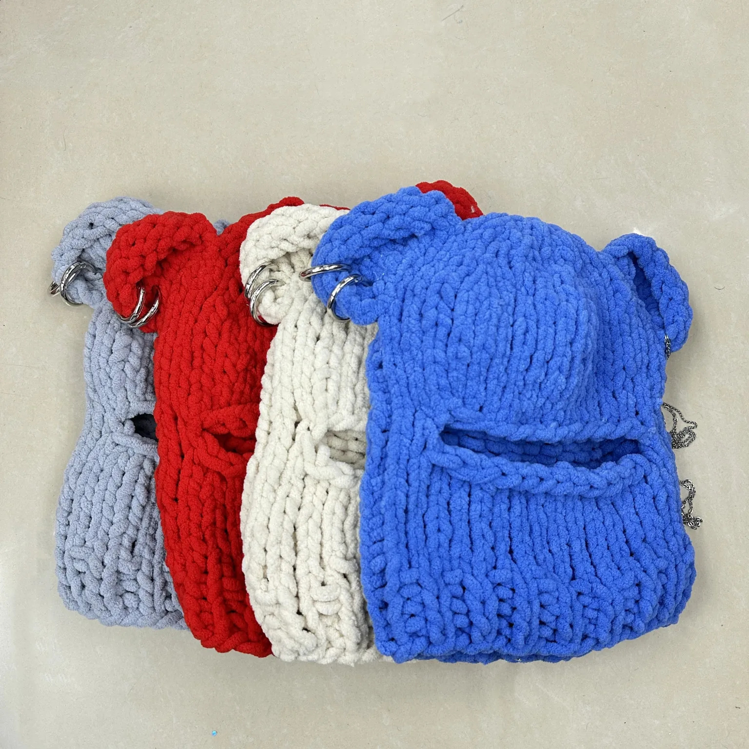 Bear Ears Crochet Balaclava Women Handmade Chain Circle Knitted Hat Party Chenille Mask Warm Beanies Ear Protection Skullies Cap 241105