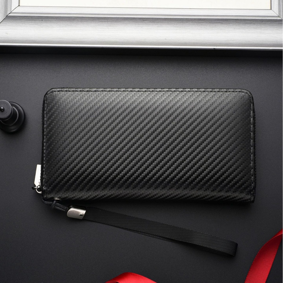 New Men's Long Carbon Fiber Designer Pattern Business Handbag With Large Capacity And Multi Slot Zipper Wallet