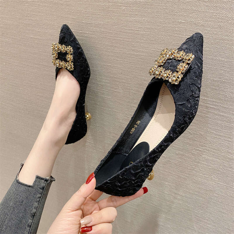 French Rhinestone Buckle Single For Women 2023 New Korean Style Temperament Sexy Pointed Toe High-Heeled Professional Shoes