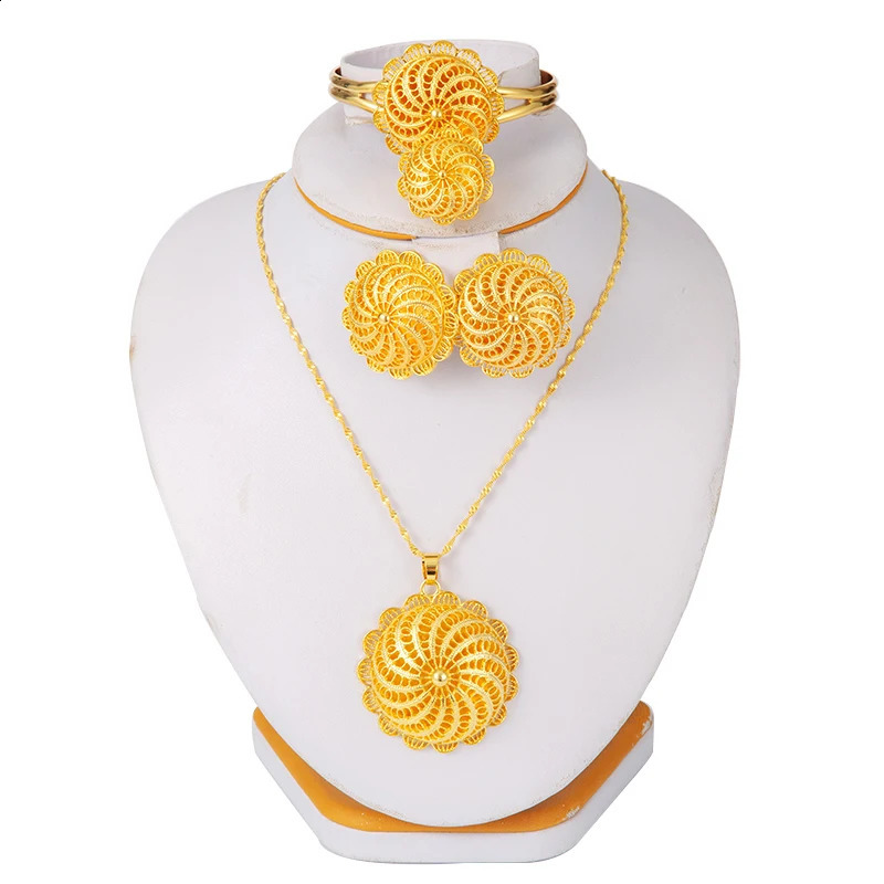 4 pieces/batch Ethiopian gold necklace Dubai jewelry set Habesha earrings ring pendant bracelet Arab African bride jewelry 241105