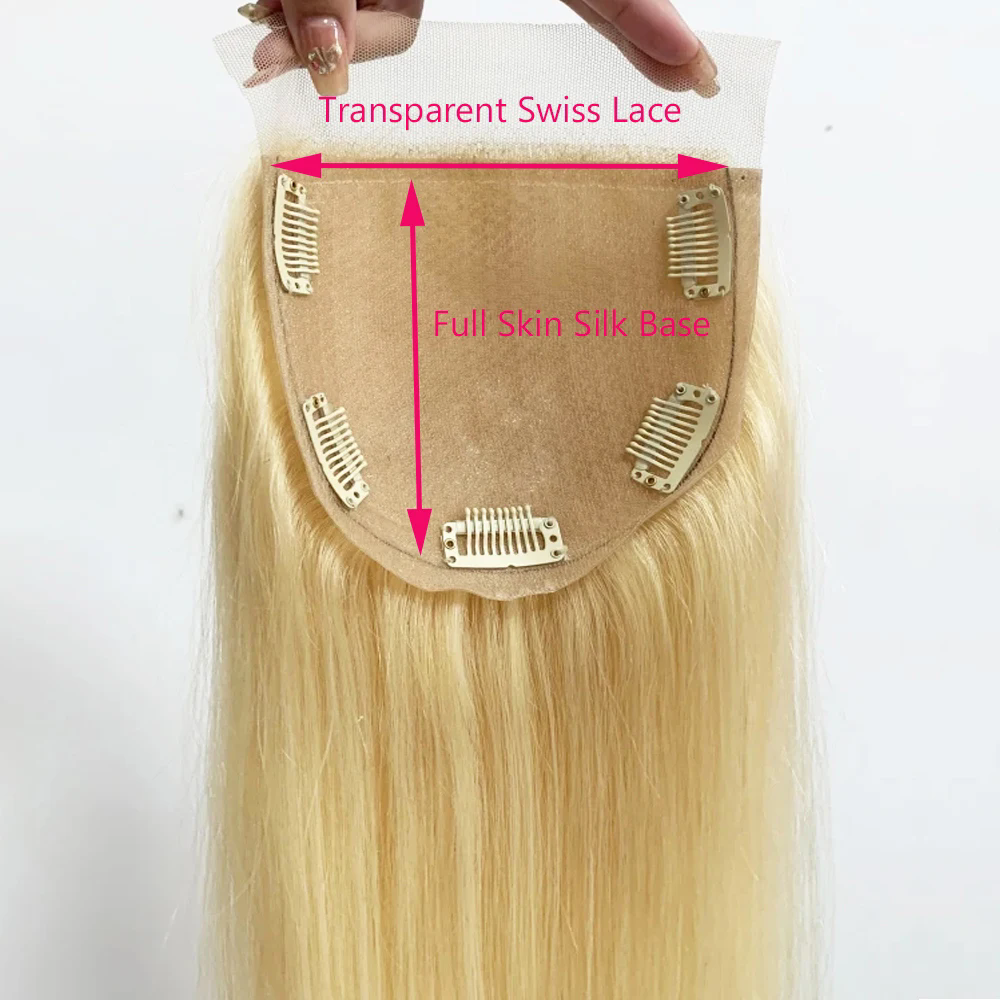 5"X5" Silk Base Lace Closure Light Blonde #613 Virgin European Human Hair Silicon Skin Silk Top Topper With Clips in for Women