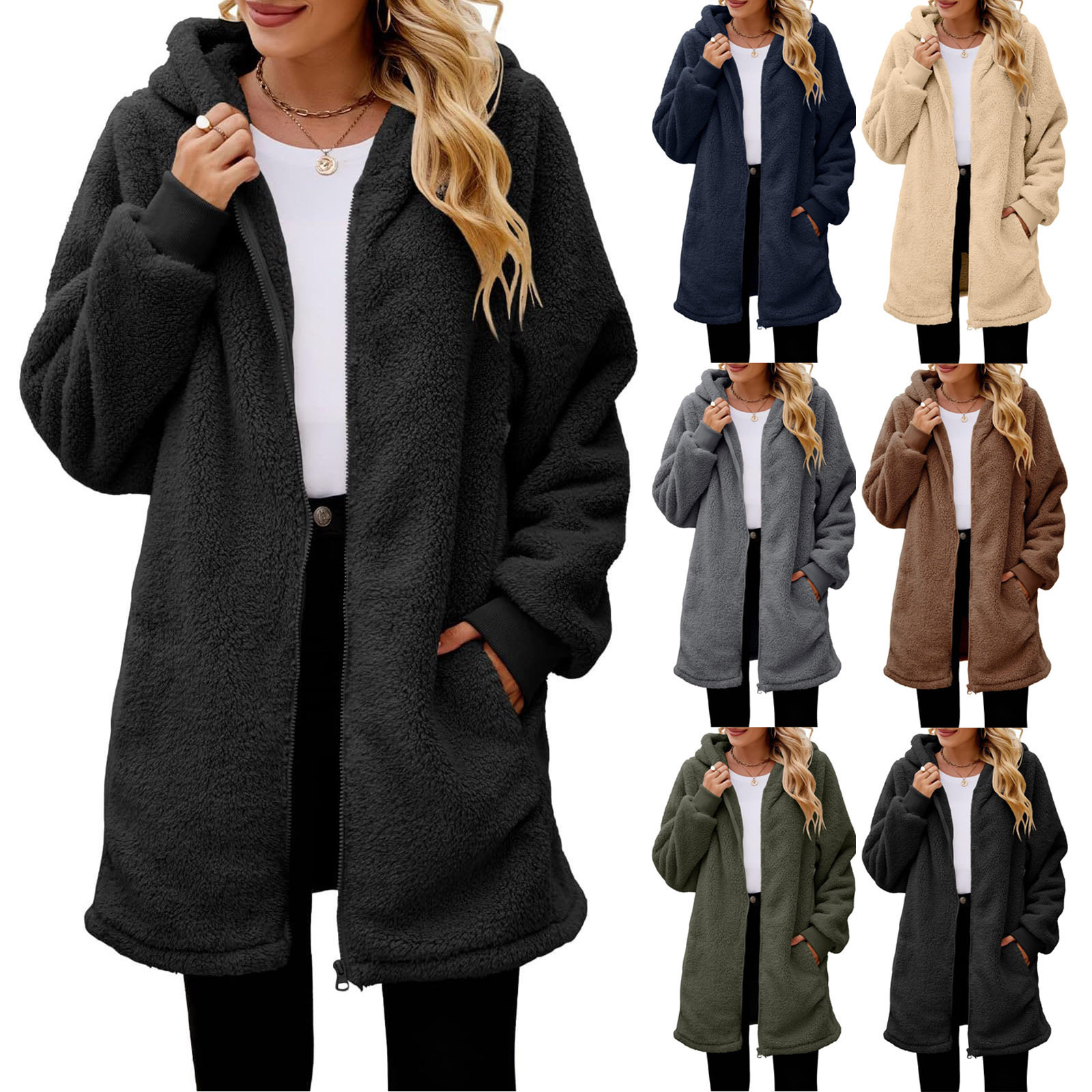 Winter New Loose Plush Women's Long Sleeved Hooded Zipper Cardigan Jacket