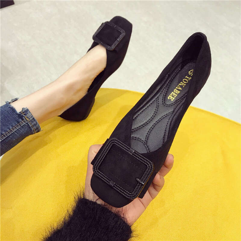 2023 Autumn New Versatile Buckle Square Toe Sole Single Suede Soft Soled Flat Heel Bean Women, Scoop Shoes For Women