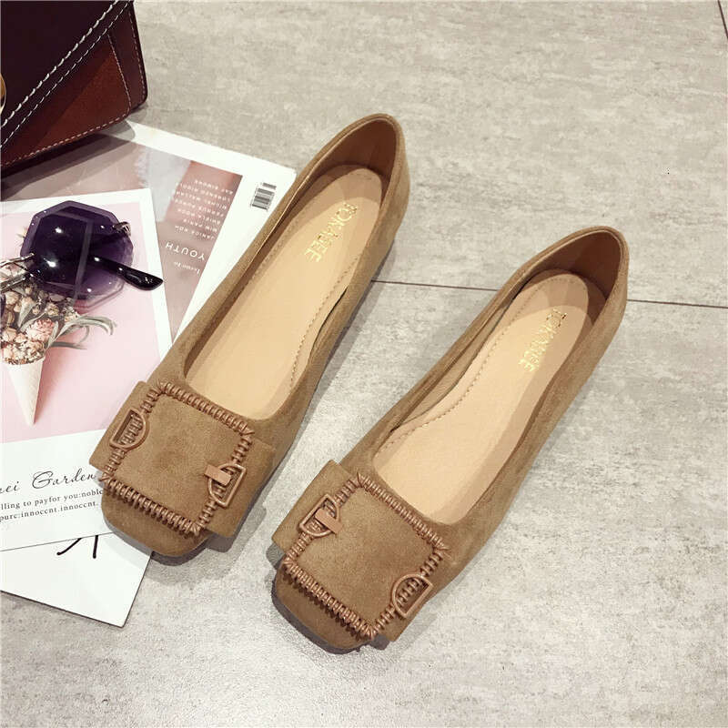 2023 Autumn New Versatile Square Buckle Shallow Mouth Coarse Custom For Women 3Cm Low Heel Women's Black Scoop Bean Shoes
