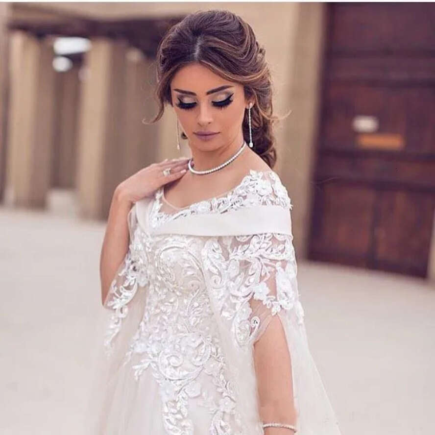 Arabic Saudi Modest Dresses Scoop Off Shoulder Appliques Pearled Tulle Or Length Dubai Maternity Beach Wedding Gowns