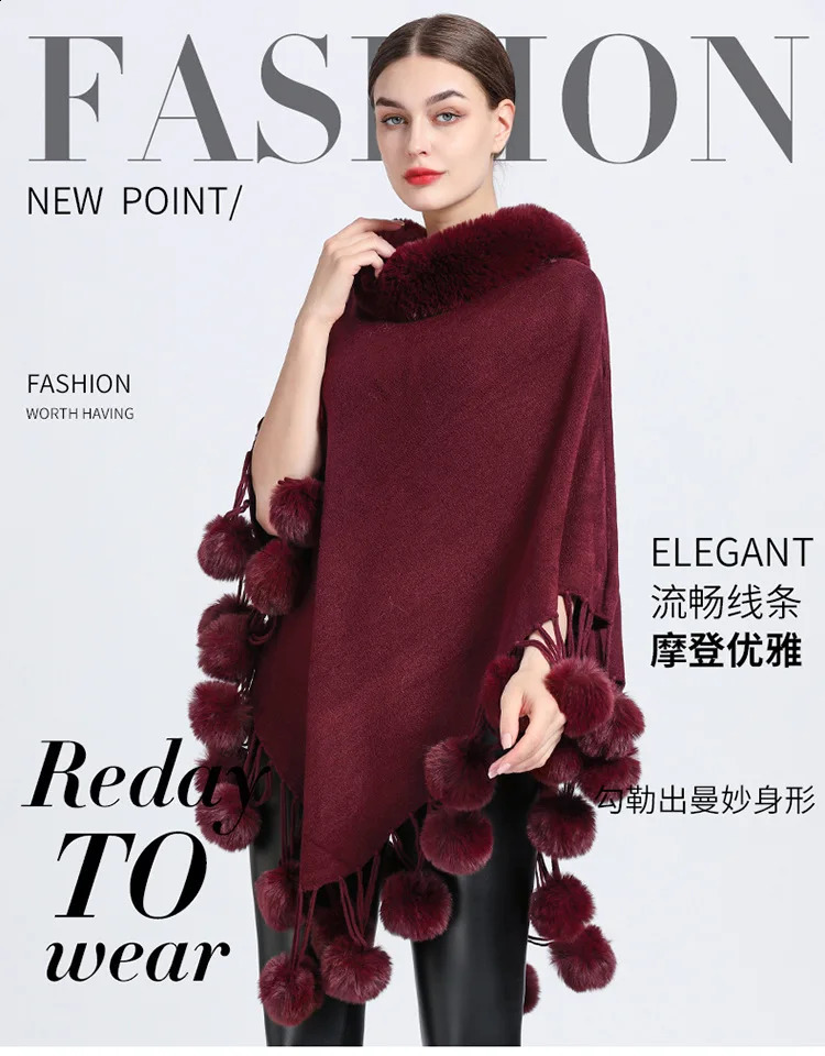 Poncho Scarf Fur Ball Decoration Shawl Faux Collar Womens Cape Fringed Asymmetric Cover Up Diamond 241105