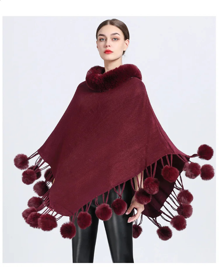 Poncho Scarf Fur Ball Decoration Shawl Faux Collar Womens Cape Fringed Asymmetric Cover Up Diamond 241105
