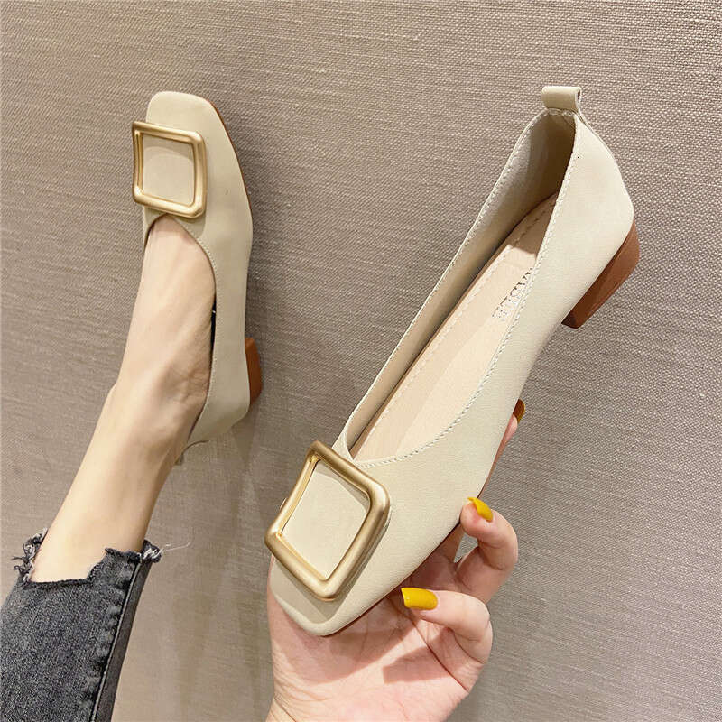 Thick And Low Heeled 2023 Summer New Korean Version Metal Buckle Shallow Mouth Square Toe Women's Soft Sole Evening Single Shoes