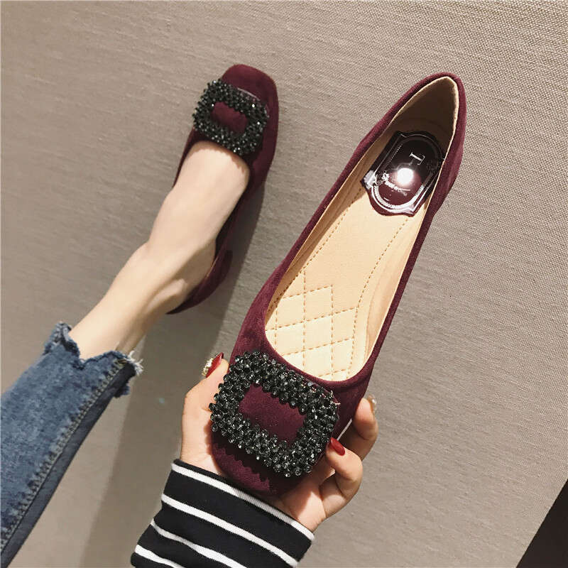 2023 Autumn New Versatile Water Diamond Suede Square Head Shallow Mouth Coarse Custom Scoop Low Middle Heel Women's Shoes