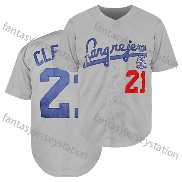 Men's #21 Gray Embroidered Baseball Jersey CLEMENTE Polyester Top, V-Neck, Knit Fabric, Loose Fit, Sports Style for Training, Team Sports, Party,