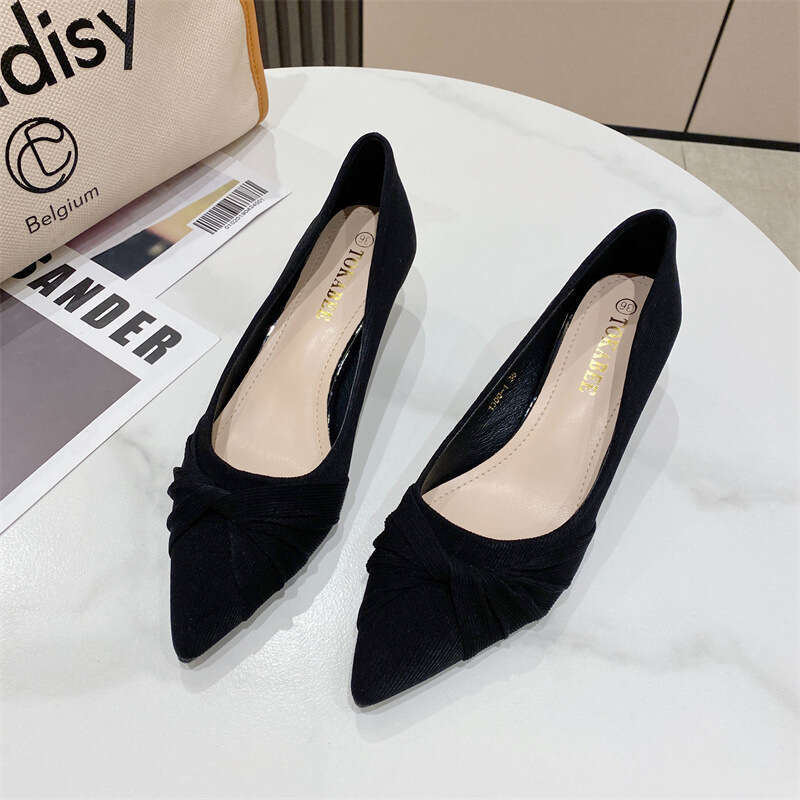 Korean Version 2023 New Fabric Shallow Mouth Pointed Toe Elegant And Versatile Thin Cat Heel Trendy Women's Single Shoes