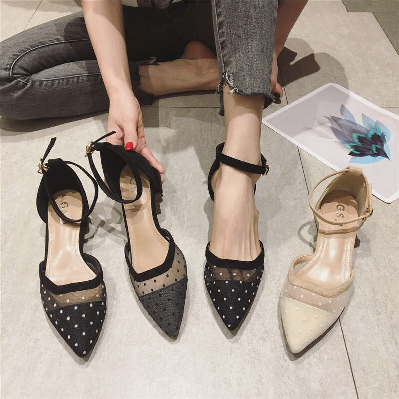 Rough Heeled Fairy Daily Single 2023 Summer New Bag Pointed Breathable Mid Heel Sandals Mesh Women's Shoes