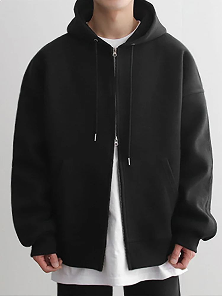 Mens Loose Long Sleeve Double Zipper Pocket Cardigan Hoodies Autumn Japanese Harajuku Solid Simple Versatile Hooded Jacket 241105