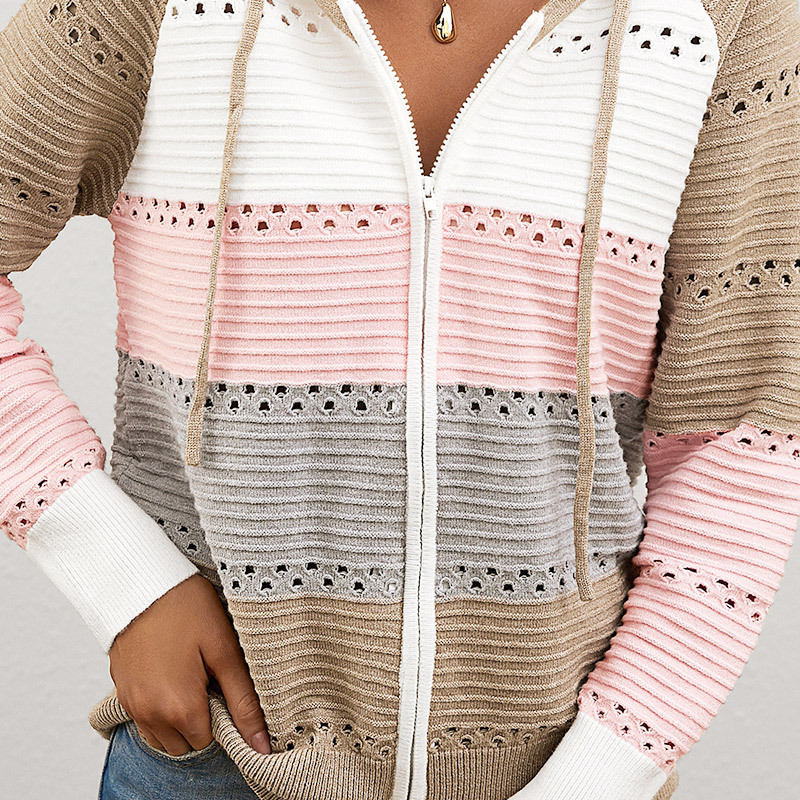 New Style Hooded Jacket Women's Color Blocked Hollow Knitted Casual Versatile Sweater cardigan Autumn Fashion Casual Loose Thick