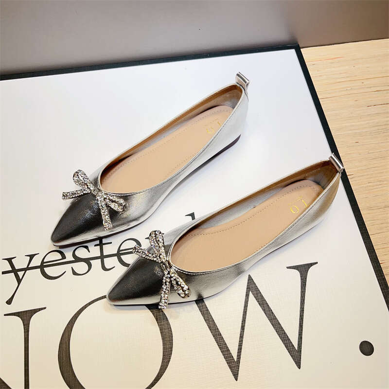 Korean Version Of Spring And Summer New Versatile Silver Shallow Mouth Single For Women, Pointed Soft Soled Flat Shoes, Rhinestone Butterfly Bow Scoop