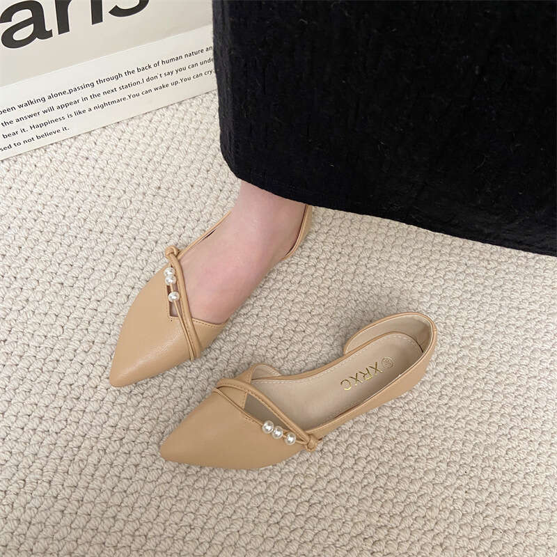 Evening Breeze Gentle Shallow Mouth Single Shoe Women's Apricot Color Spring And Summer New Pearl Soft Leather Side Hollow Pointed Flat Bottomed 