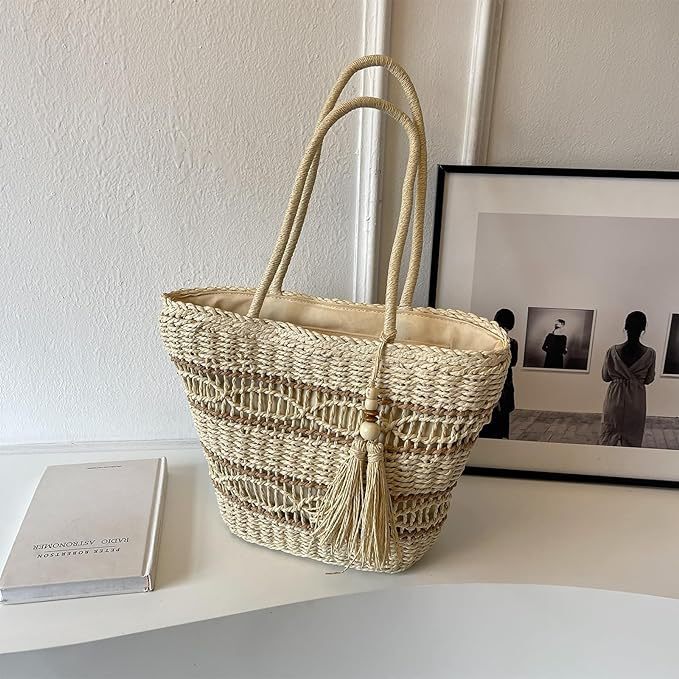 New designer straw beach summer handmade bag handbag with tassel shoulder paper rope women's net name woven bag fashion bag