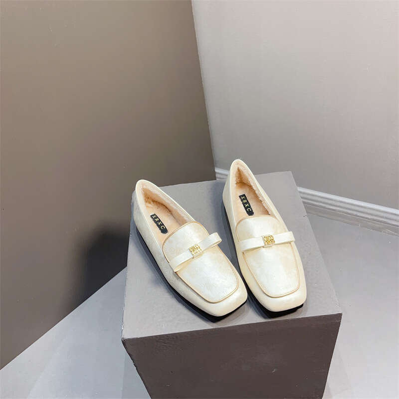 Chinese Style Flat Bow Soft Soled Bean For Women, Korean Version, New One Foot Cover With Plush Warm Fur Shoes